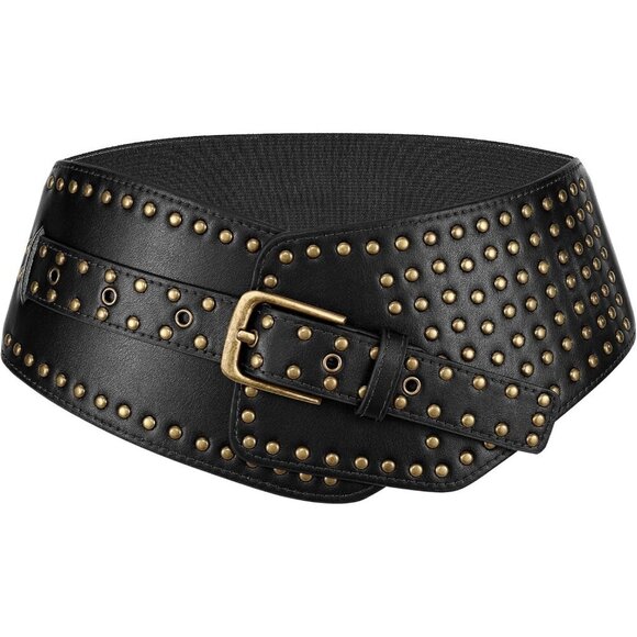 Women\'s Elastic Wide Belt Vintage Studded Stretchy Waist Belts Dress Pants Black
